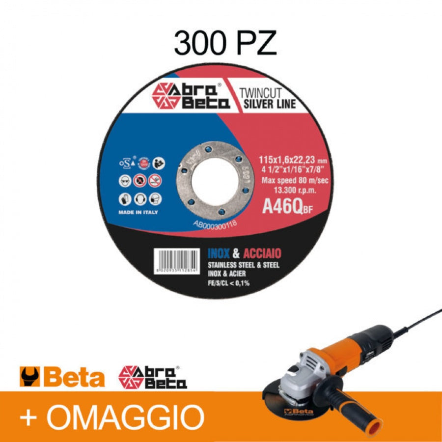 Abra Beta Dischi da taglio A46Q 115 mm 300 Pz. con smerigliatrice 750 W in omaggio