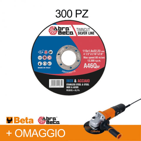 Abra Beta Dischi da taglio A46Q 115 mm 300 Pz. con smerigliatrice 750 W in omaggio