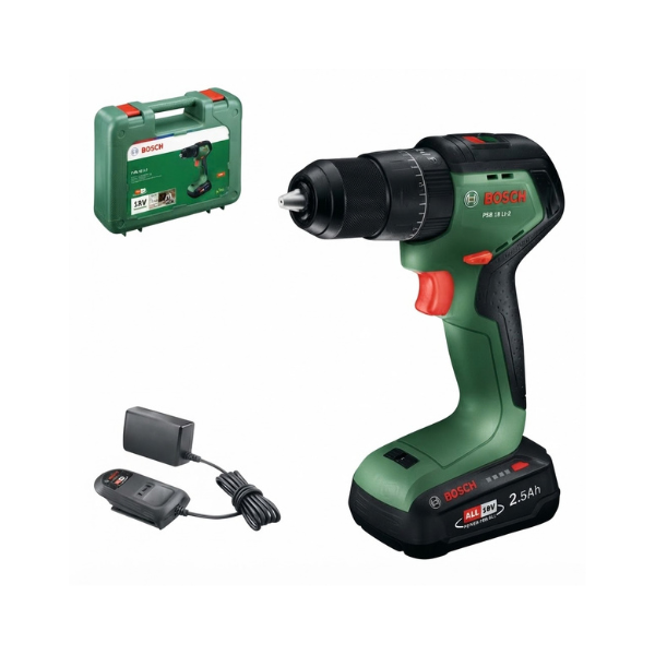 BOSCH PSB18V-60 - Trapano a percussione a batteria + 1 batteria al litio PBA 18V 2,5 Ah + 1 caricabatteria AL 18V-20 Bosch Elettroutensili Attrezziamoci